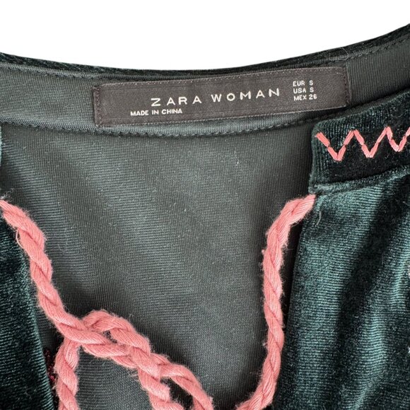 ZARA Woman Dark Green Velvet Embroidered Tunic Dress Size SMALL Boho Romantic - Picture 6 of 13